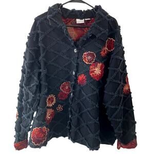 Boho Cottagecore Jacket 30/32 Black Embroidered Floral Beaded Easy Fit Grunge